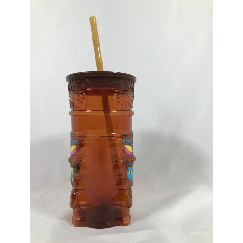 Berk Tiki Souvenir Tumbler Amber Plastic Cup with Bamboo Style Straw 22oz